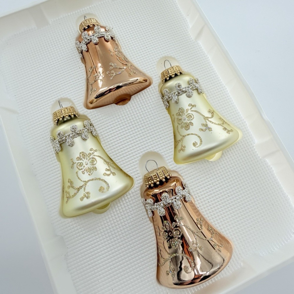 Vintage Glass Ornament Bells Christmas by Krebs '00s Pink Gold Glitter Set of 4 - Picture 4 of 7